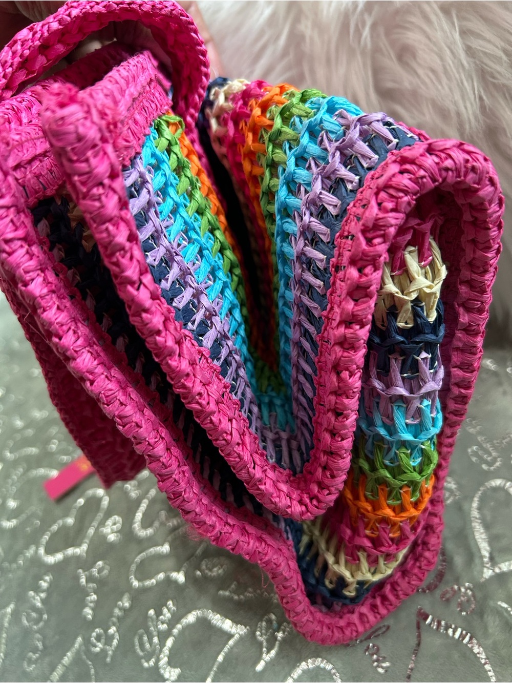 NWT Urban Expression, Lg, Pink Multicolor, Candi Hand-woven Crochet Beach Tote - Picture 7 of 7